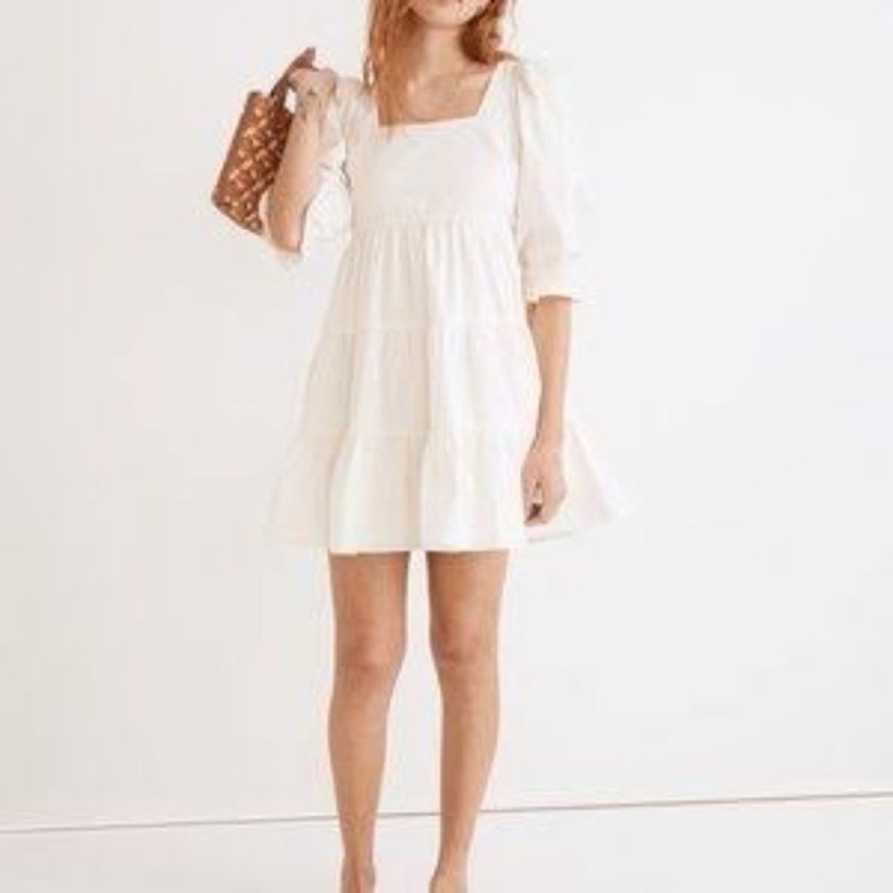 Madewell Poplin Puff-Sleeve Tiered Babydoll Mini Dress Size 4